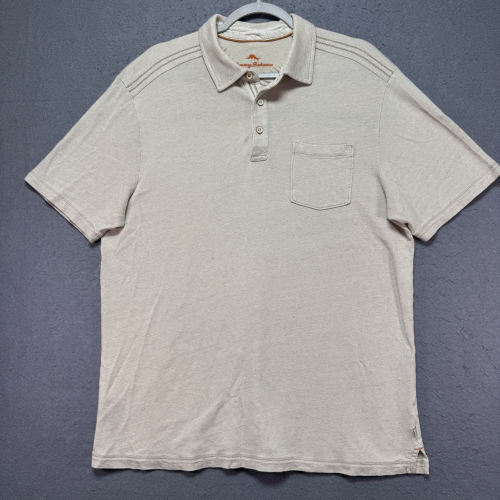 Tommy Bahama Mens Linen Cotton Blend Short Sleeve Polo‎ Shirt Beige Size M